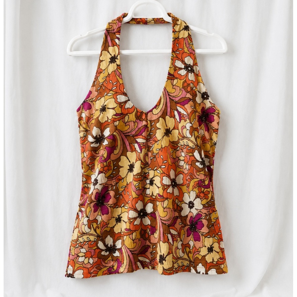 SO Halter Tank Top Floral XL Orange Pink Retro Boho Y2K Stretch Knit